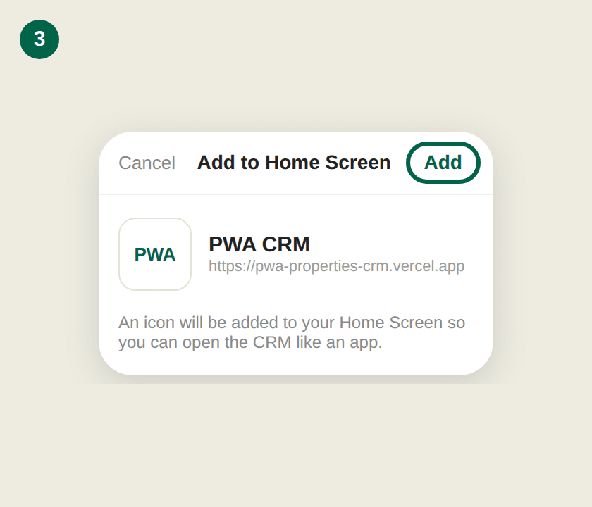 The Add to Home Screen dialog with the PWA CRM icon